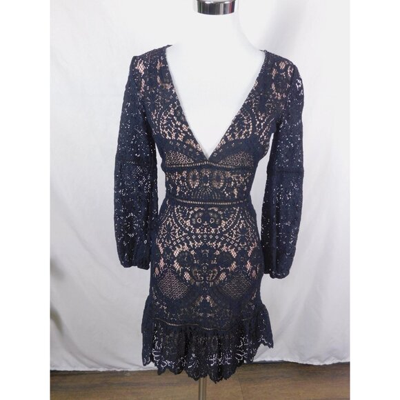 BB Dakota Dress Womens 0 Black Lace Long Sleeve Plunge Mini RSVP DJ408531 Sheath - Picture 1 of 12